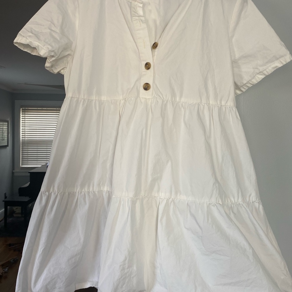 Madewell L button front short-sleeve tiered mini dress, lighthouse (ivory)